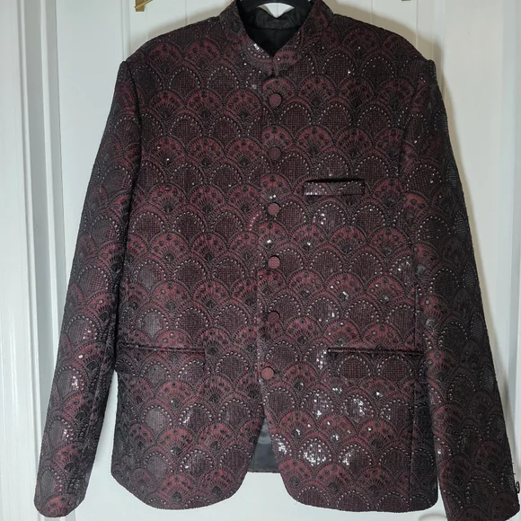 NEW Men's Maroon Embroidered Sequin Prince Jacket Blazer Suit Formal XL - Picture 3 of 7
